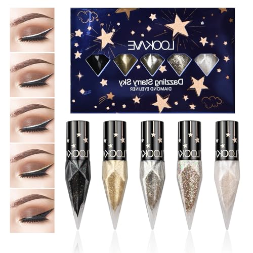 5 Farben Diamant Flüssiger Eyeliner Glitzer Set, Langlebiger Wasserdichter Sparkling Eyeliner Set, Metallic Schimmer Liquid Eyeliner, Glitzernder Lidschatten Set für Makeup Festival Party (B) von Granvoo