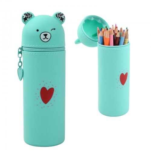 Federmäppchen Silikon, 2 in 1Stand Up Pen Case Bear Style Weichem, Niedliches Bär Cup Pencil Case,Cute Schlampermäppchen, Stand-Federmäppchen Mäppchen für Studenten (Cute, Grün) von Granvoo