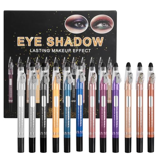 Granvoo 12 Farben Metallic Lidschattenstift, Matte Lidschatten Stift Set mit Anspitzer, Wasserdicht Langanhaltend Glitter Lidschatten Stick Bunte Set, Eyeliner Stift, Pearl Glitter Lidschattenstift von Granvoo