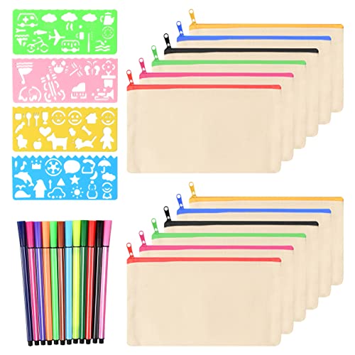 Granvoo 12 Pcs DIY Blanko Stoff Federmäppchen Kinder Stoffbeutel zum Bemalen, Leinwand Federmäppchen, Mäppchen zum Bemalen mit 12 Farbigen Stiften und 4 Zeichenvorlagen für Schule,Reisen,Aufbewahrung von Granvoo