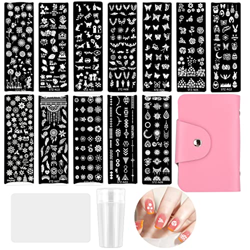 Granvoo 12 Pcs DIY Schaber Nail Art Set,Nagel Stamping Schblonen Platte Set,Nagel Stempel Schablone Set,Nagel Stamping Schablonen,mit Transparent Stempel,Schaber,für Maniküre DIY von Granvoo