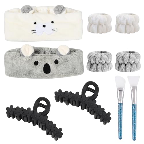 Granvoo 2 Stück Spa Gesicht Stirnband, Make Up Haarband Set mit Handgelenk Waschbänder, Haarklammer, Maskenpinsel, Coral Fleece Headband, Elastisch Haarband Frauen für Hautpflege Beauty Yoga Dusche von Granvoo