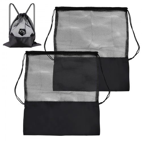 Granvoo 2 Stück Sporttasche mit Kordelzug, Mesh Strandtasche Netzbeutel, Turnbeutel Kordelzug Schwarz, Fußball Rucksack Turnbeutel für Basketball Volleyball Tennis von Granvoo