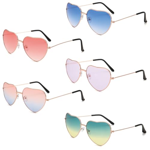 Granvoo 5 Paar Herz Sonnenbrille, Hippie Gläser, Herz Party Brillen, Hippie Brille Herz, Sonnenbrillen Herzform Set, Sonnenbrille Metallrahmen, Sonnenbrillen Damen 2024 Trend, mit UV400 von Granvoo