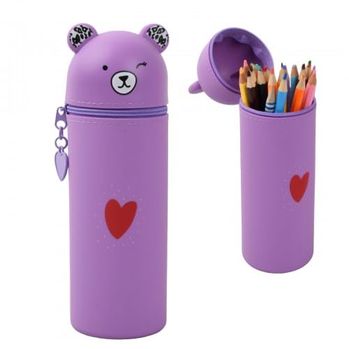 Granvoo Federmäppchen Silikon, 2 in 1Stand Up Pen Case Bear Style Weichem, Niedliches Bär Cup Pencil Case,Cute Schlampermäppchen, Stand-Federmäppchen Mäppchen für Studenten (Cute, Lila) von Granvoo