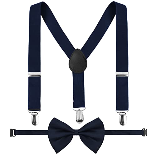 Granvoo Kinder Hosenträger Fliege Set, Y-Form Einstellbar Hosenträger, Bowtie Set mit 3 Stabile Clips für Kleinkind Jungen Mädchen von 1-10 Jahre (Marineblau) von Granvoo