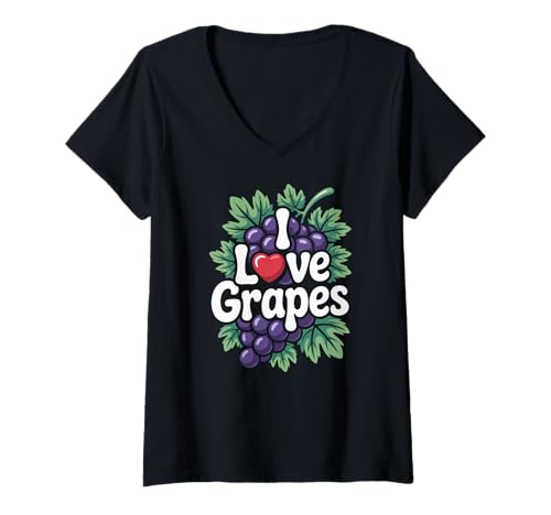 Damen I Love Grapes Weinrebenblätter, Violett T-Shirt mit V-Ausschnitt von Grapes Vineyard Grapevine Fruit Wine Lover