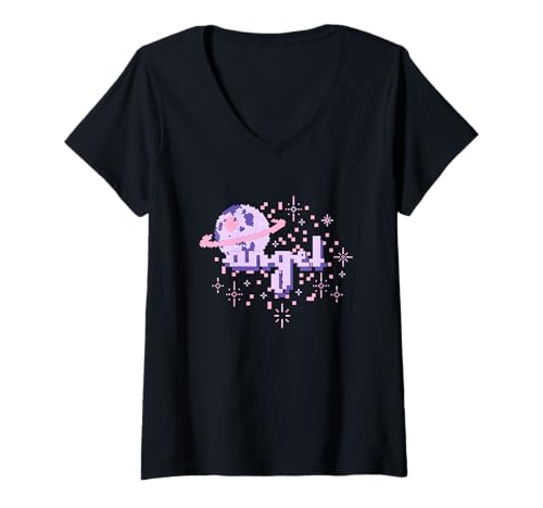 Damen Angel Millennial Pink Celestial 8-Bit Logo T-Shirt mit V-Ausschnitt Damen Angel Millennial Pink Celestial 8-Bit Logo T-Shirt mit V-Ausschnitt von Graphic Apparel