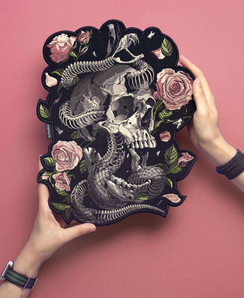 Gestickter Totenkopf & Schlange Back Patch Goth Dark Academia Aufnäher Zum Aufnähen von Graphicine