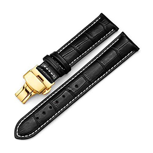 Klicken Sie doppelt elastische Faltschliesse Band 14-24mm Leder Uhrenarmbänder Gold-Schwarz Weiß, 16mm von Grasschen