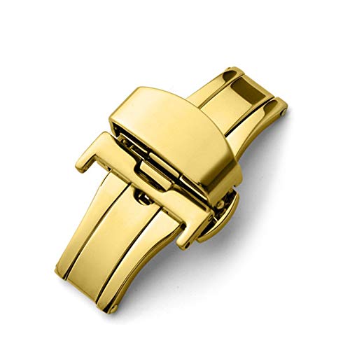 Lederarmband 16-24mm Automatische Double Click Schmetterling Buckle Solide Edelstahl-Wölbung Gold, 16mm von Grasschen