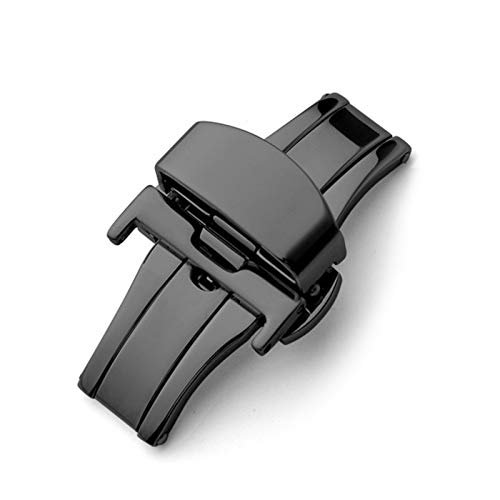 Lederarmband 16-24mm Automatische Double Click Schmetterling Buckle Solide Edelstahl-Wölbung Schwarz, 16mm von Grasschen