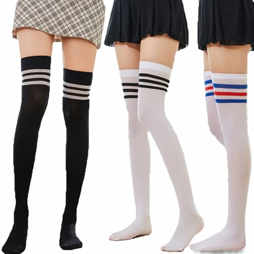 3 Paar Overknees Strümpfe Damen Overknee Socks Kniestrümpfe Damen Weiß Schwarz Warme Knee Stockings Lange Gestreifte Socken Thigh High Socks Weiche Baumwolle Mädchen Cheerleading Volleyballsocken von Grasslandy