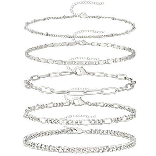 5 Stück Fußkette Silber Fussketten Für Frauen Fußkette Damen Anklets For Women Einfaches Vintage Damen Fußkettchen Strand Knöchel Mehrschichtige Armbänder Boho Knöchel Ketten Knöchelschmuck von Grasslandy