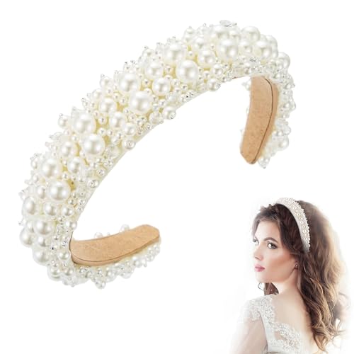 Haarreifen Damen Perlen - Weiße Perlen Haarreif Dirndl, Breit Elegante Geflochtener Glitzer, Samt Braut Haarbänder Haarschmuck Hochzeitsfrisuren Accessoires von Grasslandy