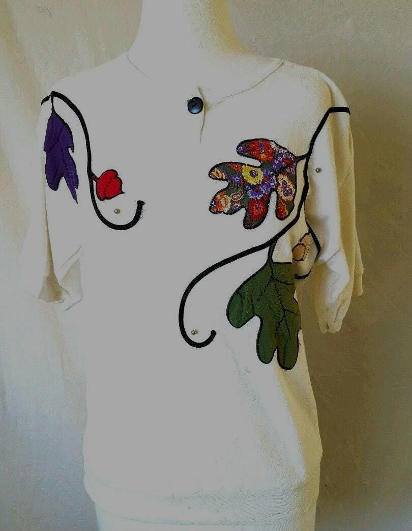 Vintage 80Er Jahre Mom Bluse | Retro Blatt Design Weiches Weißes Hemd Cottagecore-Chic von GratefulLadyClothing
