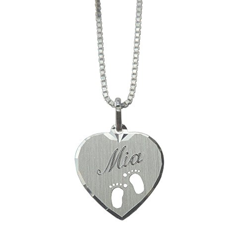 925er Silber Anhänger Herz mit 2 ausgestanzten Füßchen + 925er Silber Halskette Mit SOFORTGRAVUR + VORSCHAU: Gravur: Vorderseite 1 Vornamen oder 2 Buchstaben + Rückseite: 1 Datum inklusive von GravUp