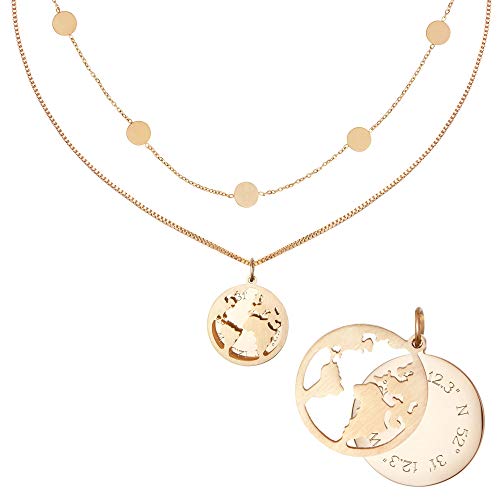 Gravado 2er Set für Damen, Layering Kette mit Charms, Coin-Anhänger Halskette mit Welt und Geokoordinaten von Gravado