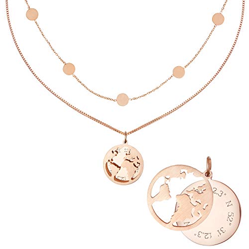 Gravado 2er Set für Damen, Layering Kette mit Charms, Coin-Anhänger Halskette mit Welt und Geokoordinaten von Gravado