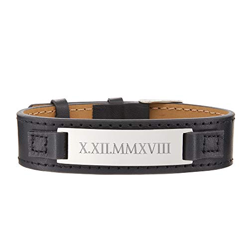 Gravado Armband aus schwarzem Leder mit Edelstahl Plakette und mit Datum in römischen Zahlen, Magnetverschluss, Herren Accessoires, Länge 25,3 cm von Gravado