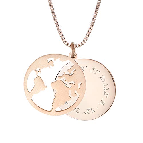 Mondgold Kette mit 2 Anhängern aus Roségold Edelstahl, Kreis und Welt, inkl. Geschenkbox, Personalisiert mit Geokoordinaten, Damen Schmuck, Länge 55 cm von Gravado