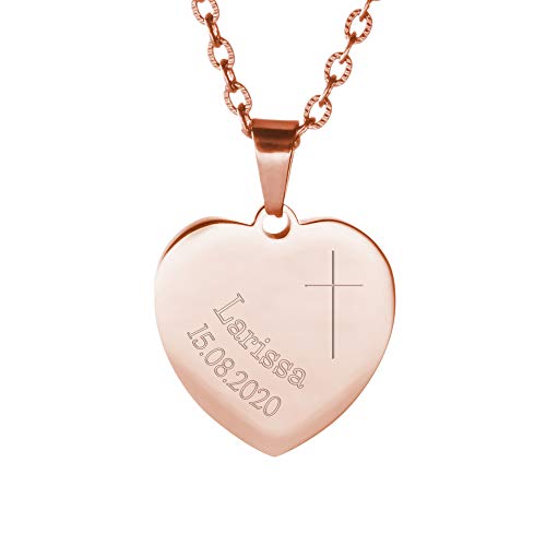 Gravado Halskette aus Roségold-Edelstahl mit Herz-Anhänger und Kreuz Gravur, Personalisiert mit Namen und Datum, inkl. Geschenkbox, Mädchen Schmuck von Gravado