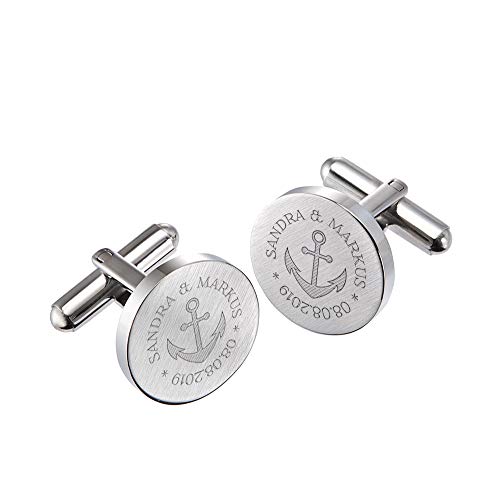 Gravado runde Manschettenknöpfe aus mattem Edelstahl mit Anker Gravur, Personalisiert mit Namen und Datum, inkl. Geschenkbox, Herren Schmuck von Gravado