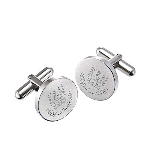 Gravado runde Manschettenknöpfe aus mattem Edelstahl mit Blätter Gravur, Personalisiert mit Initialen und Datum, inkl. Geschenkbox, Herren Schmuck von Gravado