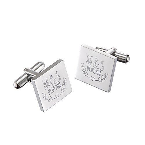 Mondgold Quadratische Manschettenknöpfe aus Edelstahl mit Blätter Gravur, Personalisiert mit Initialen und Datum, Anzug Accessoires, Herren Schmuck von Gravado