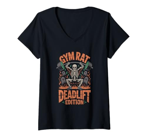 Damen Skelett Kreuzheben Gym Workout Halloween Gruselsaison Lustig T-Shirt mit V-Ausschnitt von Graveyard Fitness