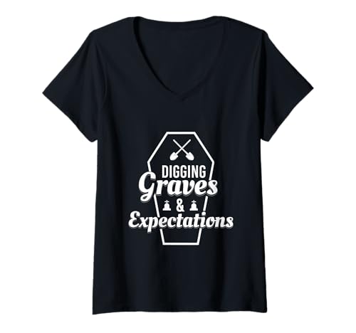 Damen Sarg-T-Shirt mit Motiv „Digging Graves and Expectations Cemetery“ T-Shirt mit V-Ausschnitt Damen Sarg-T-Shirt mit Motiv „Digging Graves and Expectations Cemetery“ T-Shirt mit V-Ausschnitt von Graveyard Workers Dark Humor Shovel Spooky Design
