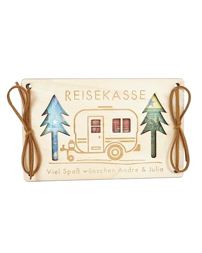 Gravuleo - Geldgeschenk Reisekasse Camper personalisiert mit Wunschtext, Grußkarte Wohnwagen Holz graviert (Reisekasse) von Gravuleo