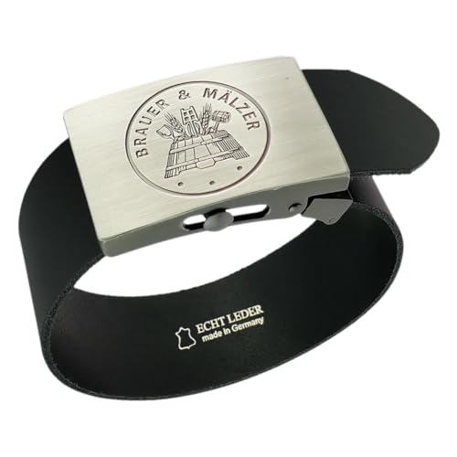 GravurManufakturBerlin Hosengürtel Brauer Mälzer Handwerk Zunftzeichen Ledergürtel 4 cm breit Einheitslänge kürzbar von GravurManufakturBerlin