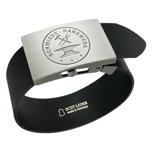 GravurManufakturBerlin Hosengürtel Schmied Handwerk Zunftzeichen Ledergürtel 4 cm breit Einheitslänge kürzbar von GravurManufakturBerlin
