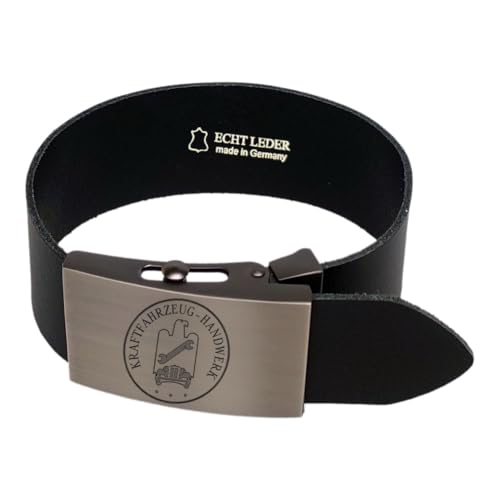 GravurManufakturBerlin Hosengürtel mit Handwerk und Zunftzeichen Ledergürtel Nylongürtel 4 cm breit Einheitslänge kürzbar (Schwarz-Leder, Kraftfahrzeug-Handwerk) von GravurManufakturBerlin