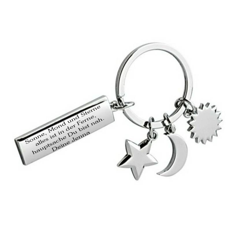 Schlüsselanhänger Sonne, Mond Und Sterne Mit Gravurplatte Ihrem Wunschtext von GravurVerschenkenDe