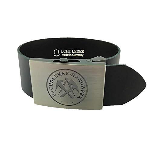 GravurManufakturBerlin Hosengürtel Dachdecker Handwerk Zunftzeichen Ledergürtel 4 cm breit Einheitslänge kürzbar von GravurManufakturBerlin