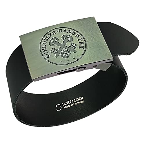 GravurManufakturBerlin Hosengürtel Schlosser Handwerk Zunftzeichen Ledergürtel 4 cm breit Einheitslänge kürzbar von GravurManufakturBerlin