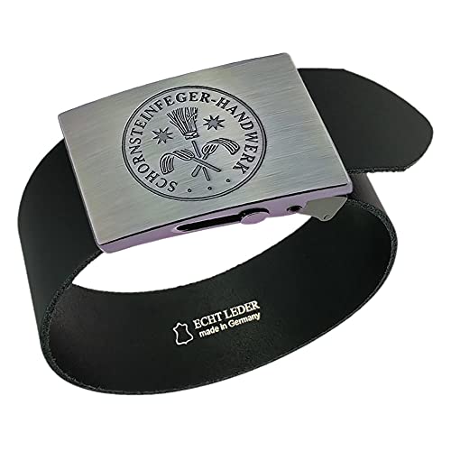GravurManufakturBerlin Hosengürtel Schornsteinfeger Kaminkehrer Handwerk Zunftzeichen Ledergürtel 4 cm breit Einheitslänge kürzbar von GravurManufakturBerlin