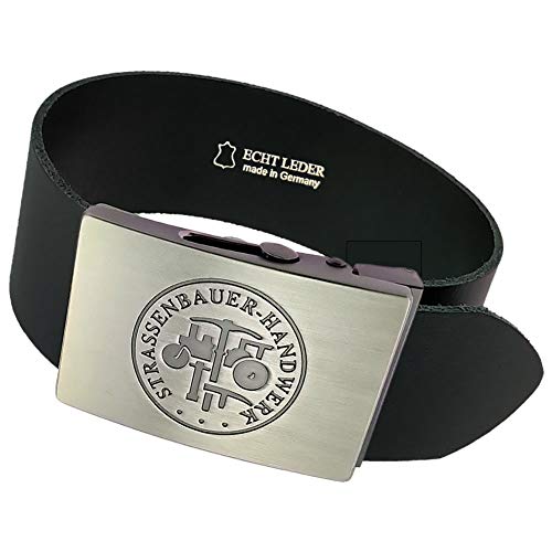 GravurManufakturBerlin Hosengürtel Strassenbauer Pflasterer Handwerk Zunftzeichen Ledergürtel 4 cm breit Einheitslänge kürzbar von GravurManufakturBerlin