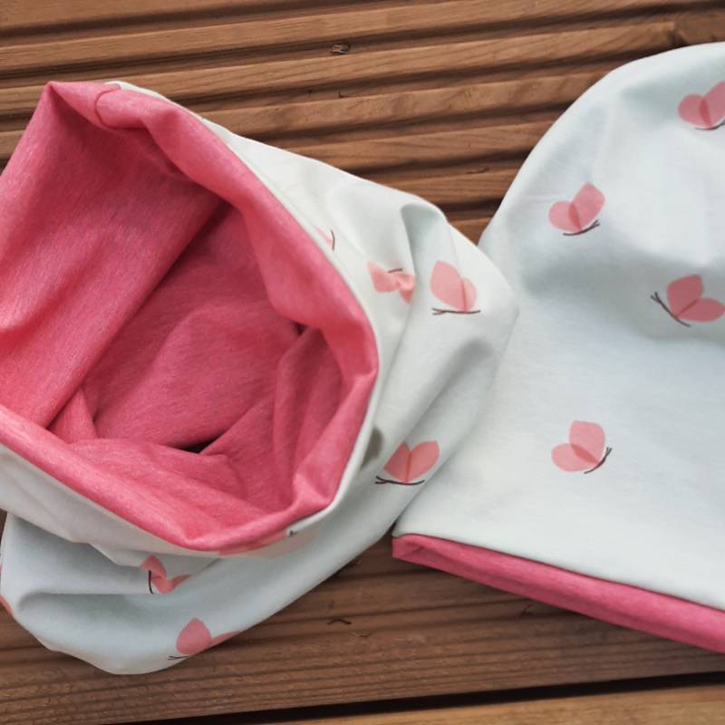 Set Mütze Beanie Und Schlauchschal "Butterfly" in Wunschgröße Perfekt Kopfbedeckung Für Den Frühling Geschenk Zu Ostern Mutter Kind von GreJaLo