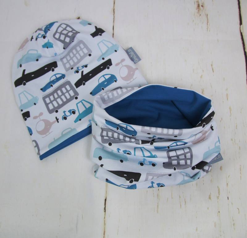 Set Mütze Beanie Und Schlauchschal Für Kinder "Autos" Aus Jersey in Wunschgröße von GreJaLo