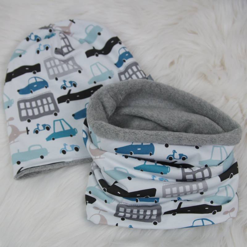 Set Mütze Beanie Und Schlauchschal Für Kinder "Autos" von GreJaLo