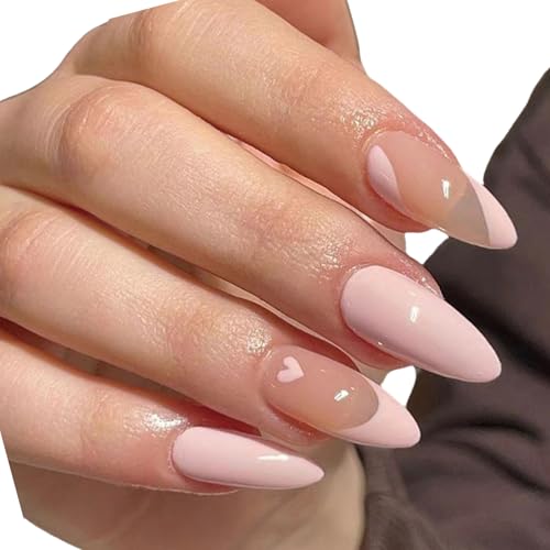 24 Stück Mandel-Nägel zum Aufdrücken, Herz-Design, französische künstliche Nägel, Acryl, künstliche Nägel, zum Aufkleben auf Nägel, für Damen von Greabuy