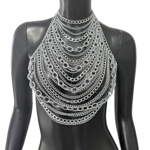 Greabuy Beliebte Körperkette, metallische Quasten, Brust-Halskette, cooler Körperschmuck für Frauen, Bühne, Veranstaltung und Strand von Greabuy