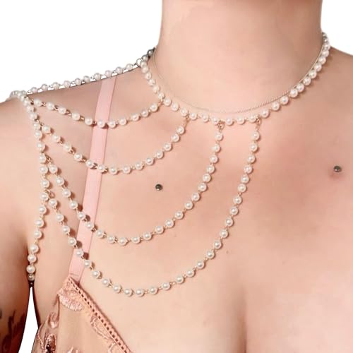 Greabuy Elegante mehrlagige Perlen-Schulterkette, stilvolle Perlen-Schulter-Halskette, Körperschmuck für Hochzeiten von Greabuy