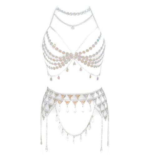 Greabuy Geometrics Funkelndes Körperketten-Set mit Strass-BH, Taillenrock, modisches Accessoire für trendige Frauen von Greabuy