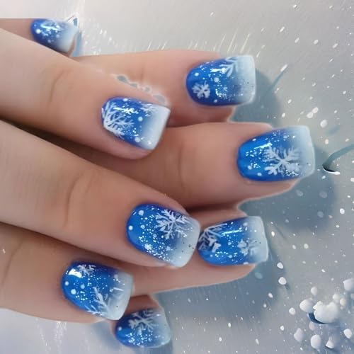 Künstliche Nägel, Schneeflocke, volle Abdeckung, zum Aufkleben, Blau, glitzernde künstliche Nägel, Weihnachten, zum Aufdrücken für Damen von Greabuy