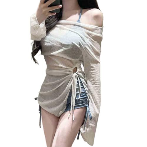 Zweiteiliges Damen-Badeanzug-Set mit langen Ärmeln, Strand-Coverup-Shirt, Neckholder-Badeanzug mit hoher Taille, Boyshorts, Blau und Grau, L von Greabuy