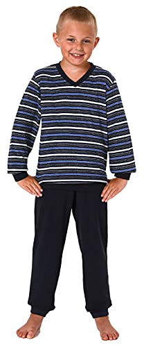 Warmer Jungen Frottee Pyjama lang, Schlafanzug mit Bündchen und Ringeln - 65689, Farbe:Marine, Größe:122-128 von Great Boy